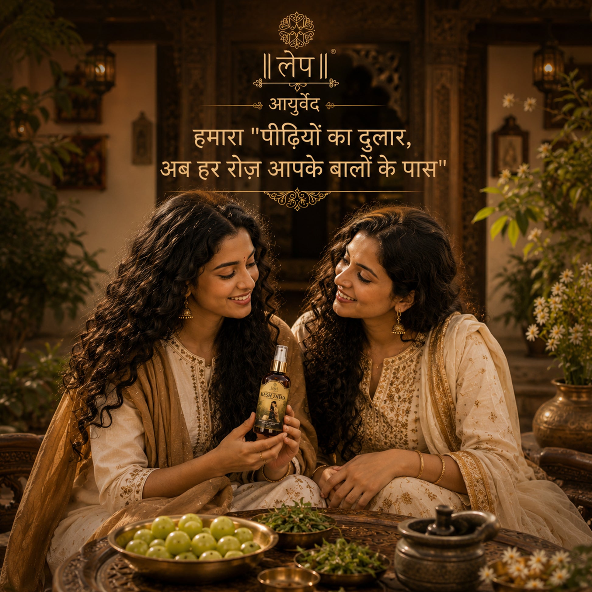 Promotional card about two Woman holding a bottle of Kesh Sneha hair growth toner ingredient's details   in a traditional setting with plants and bowls.