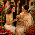 Two women in traditional attire holding a bottle of lep Kesh Sakti hair growth toner with flowers and decor around them.