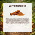 Cinnamon sticks and powder with text explaining its benefits on a natural background