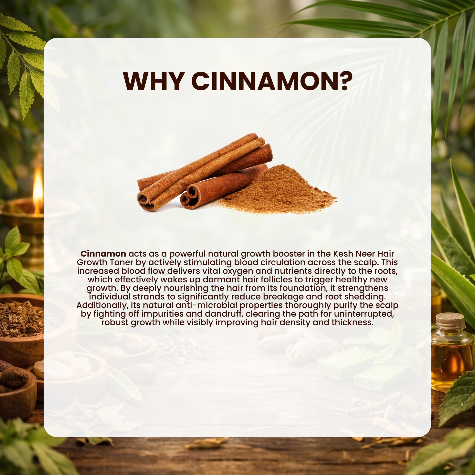 Cinnamon sticks and powder with text explaining its benefits on a natural background