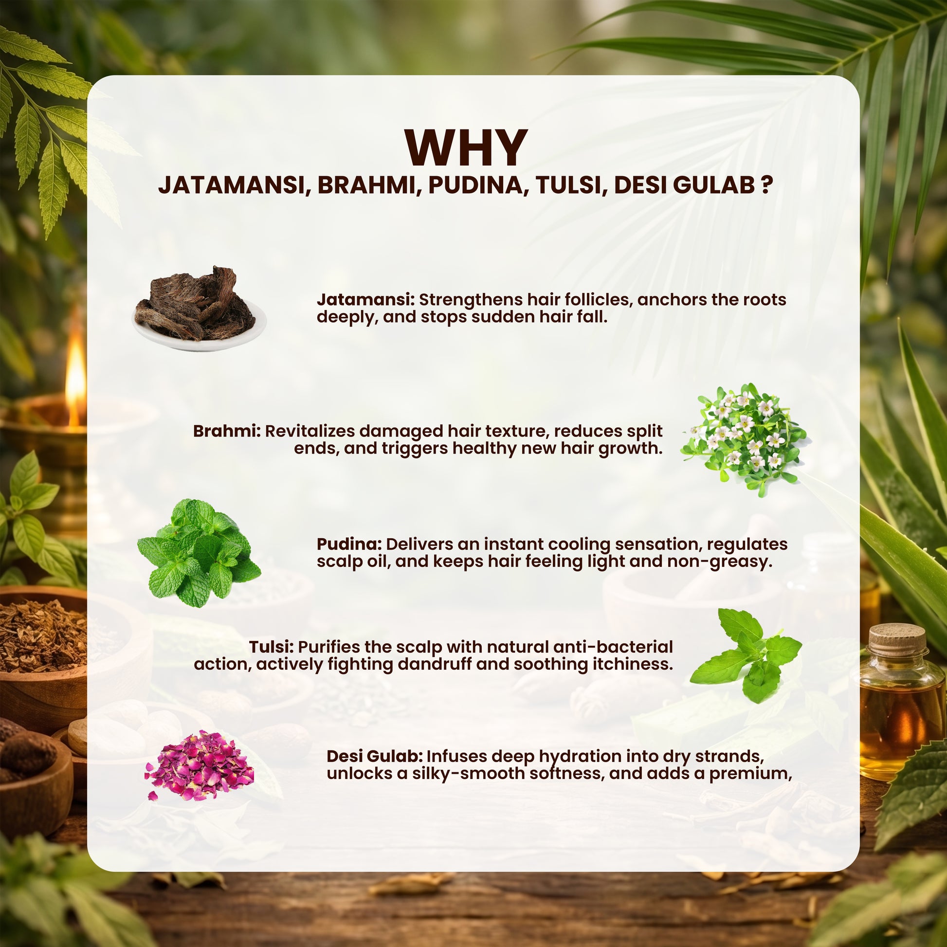 Informational card about the benefits of kesh krti hair serum Jatamansi, Brahmi, Pudina, Tulsi, and Desi Gulab with images and text.